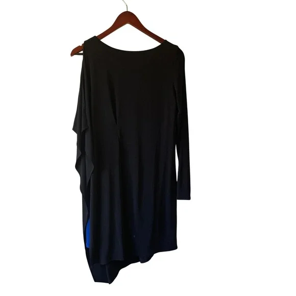 Max Mara Black Cobalt Blue Asymmetric Long Sleeve Draped Cotton Dress Large - Picture 6 of 6